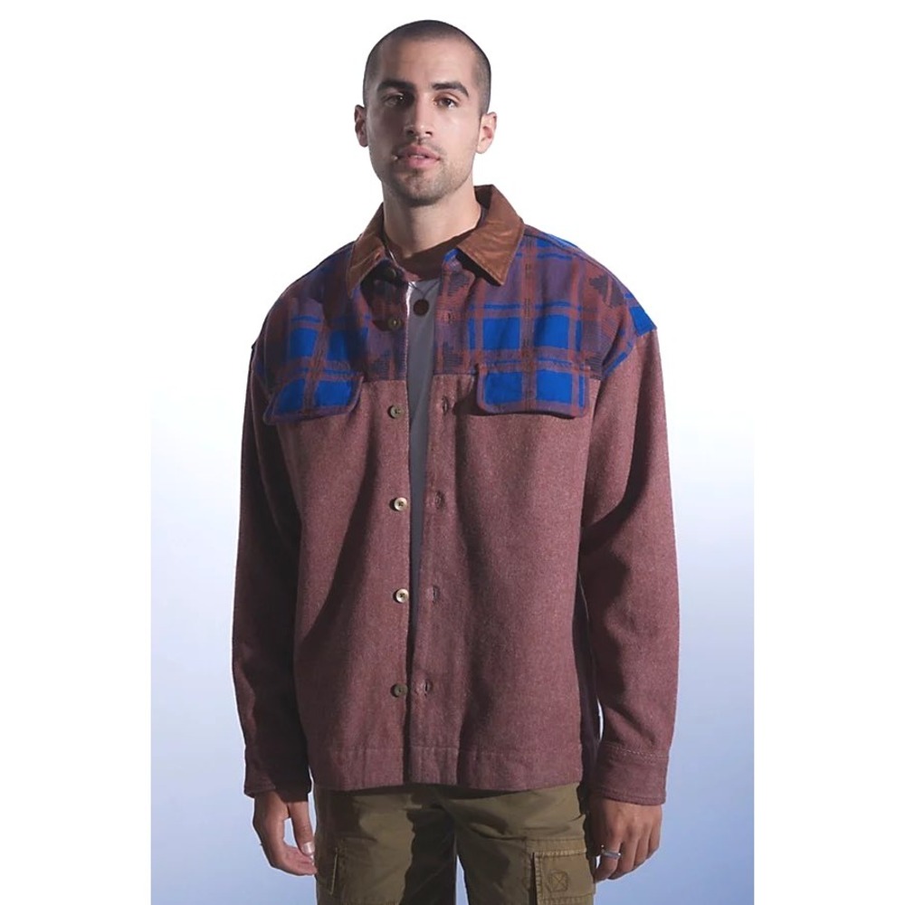 BDG Urban Outfitters XL Robbie Shacket Flannel Aztec Western Suede‎ Chore Coat